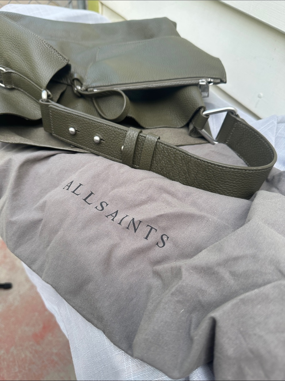 All Saints Textured Olive Green Pebbled Leather Shoulder Bag - Picture 10 of 10
